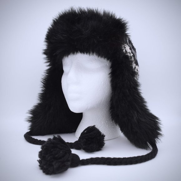 H&M Fair Isle Knit Trapper Faux Fur Hat Black Ear Flaps Pom Pom Tie Winter OS - Picture 2 of 7